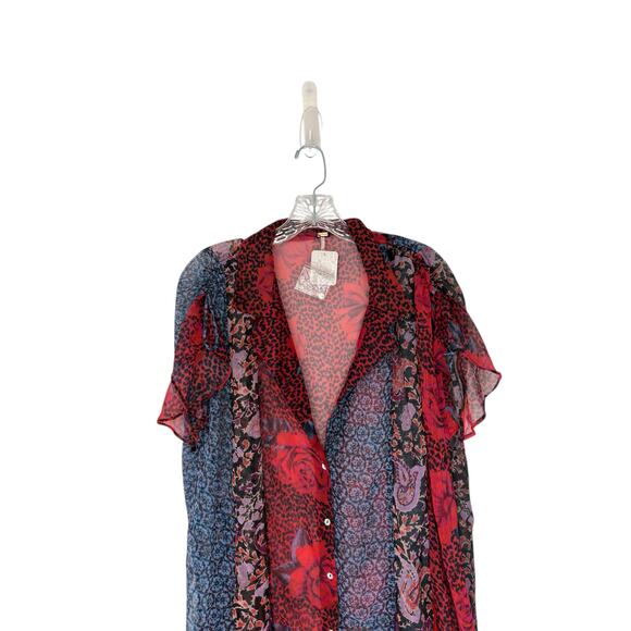 Free People Toni Printed Mini Dress Sheer Ruffle Red Floral Whimsical Fairy XL - Picture 4 of 12